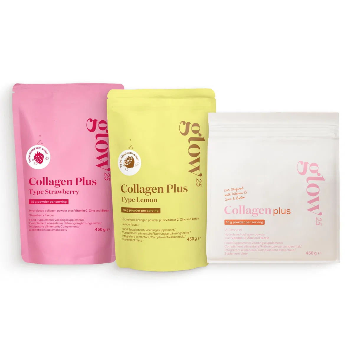 Glow25® Trio Collagen Plus, Collagen Strawberry & Collagen Lemon – Vitamina C, Zinco, Biotina – Peptidi di Tipo 1 e 3